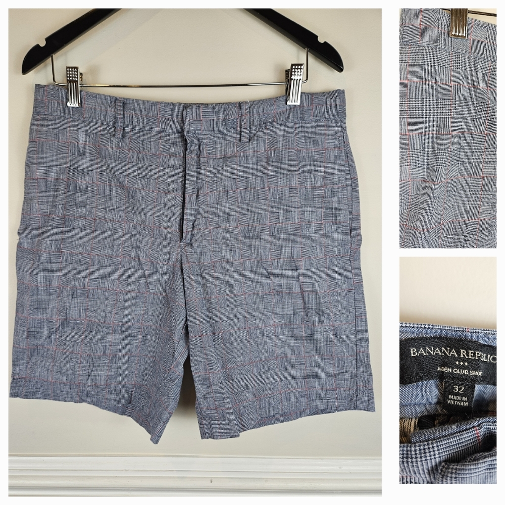 Banana Republic Aiden Club Mens Shorts 32 Blue Plaid A1311